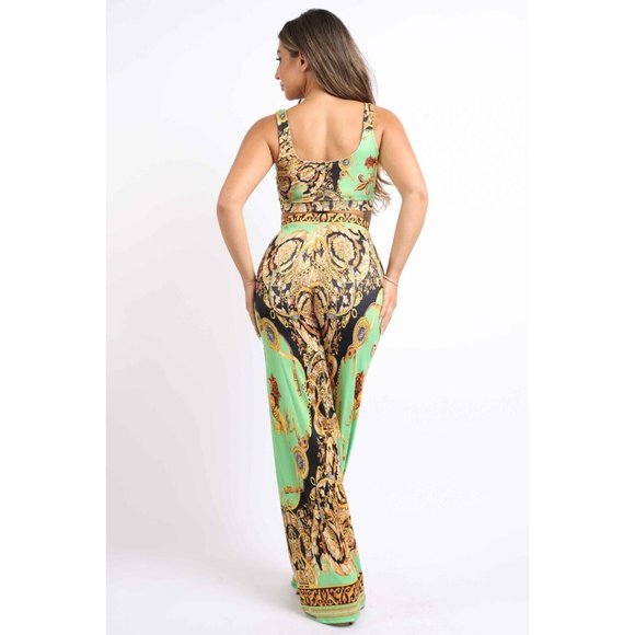 Women's Printed Sleeveless Crop Top And Matching Flare Pants Party Outfit Set - Picture 9 of 13